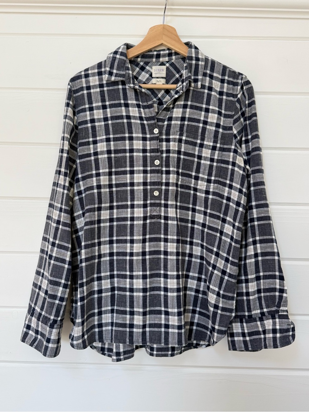 J.Crew 100% Cotton Plaid Boy Fit Popover Shirt Navy White S